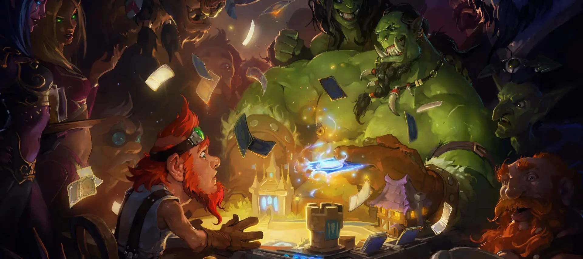 Some creatures sitting around a table playing Hearthstone. There is an Orc that is winning against an elf, with some others cheering for them both.